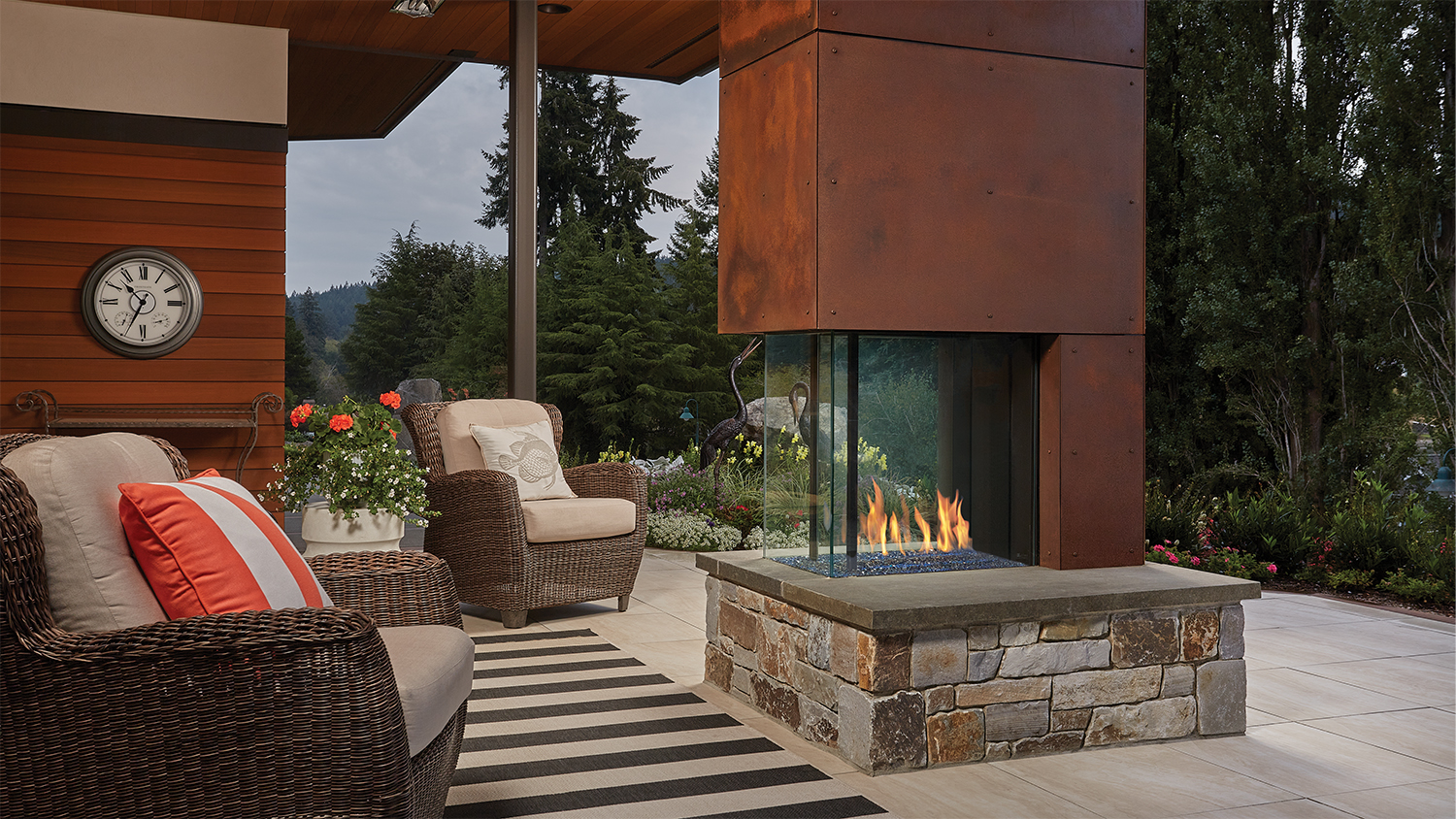 Modern pier fireplace with glass walls